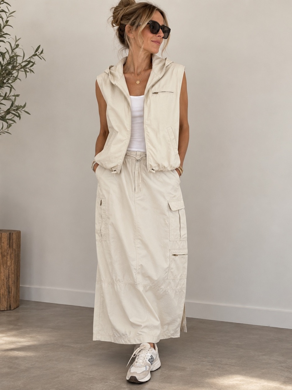 Y2K Utility Cargo Maxi Skirt & Hooded Vest Set